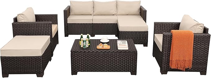 6 Pieces Patio Outdoor Furniture Outdoor Conversation Sets Wicker Sofa Set with Outdoor Couch Patio Chairs Storage Coffee Table Khaki Cushions Waterproof Covers