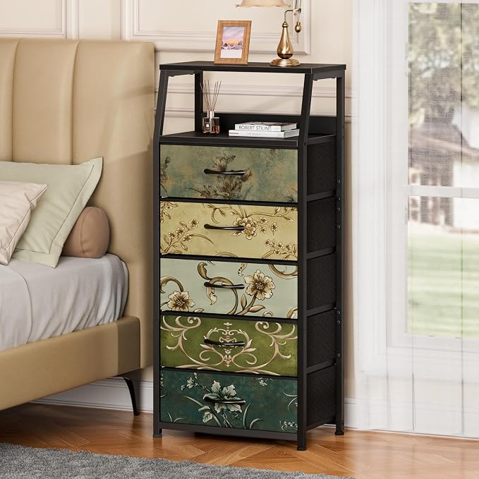 Furnulem Retro 5 Drawers Dresser, Tall Dressers for Bedroom, Closet, Hallway, Nursery, Fabric Storage Tower Organizer, Vertical Nightstand Side Table Furniture, Steel Frame, Wood Top - Image 8