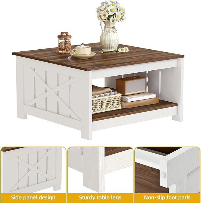 DWVO Farmhouse Coffee Table, Square Coffee Table with Storage, Rustic Wood Cocktail Table, for Living Meeting Room with Half Open Storage Compartment, Brown with White