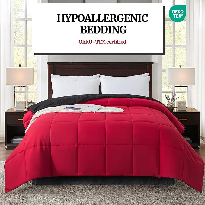 Down Alternative Bedding Comforter King Size - All-Season Soft Reversible Microfiber Bedding Comforter- Lightweight & Machine Washable (Black/Bright Red, King (U.S. Standard))