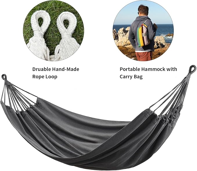 CHULIM Brazilian Double Hammock with Tree Straps,Extra Large 94x63IN,2 Persons Hammock for Backyard Patio Outdoor and Indoor,450lbs Weight Capacity,Soft Woven Cotton Fabric - Dark Grey - Image 6