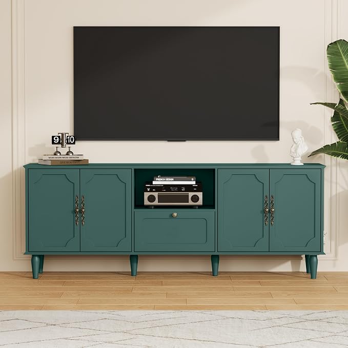 Mid-Century Modern TV Stand for 75+ inch TVs, 67" Entertainment Center with Storage Drawer, Long Media Console with Adjustable Shelves, Wood TV Cabinet for Living Room, Bedroom, Green - Image 7