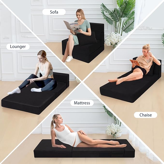 Folding Sofa Bed Chair with Pillow,Convertible Fold Out Chair Sleeper,Foam Floor Mattress, Foldable Futon Couch Bed for Living Room/Dorm/Guest/Office (Black Corduroy, Single)