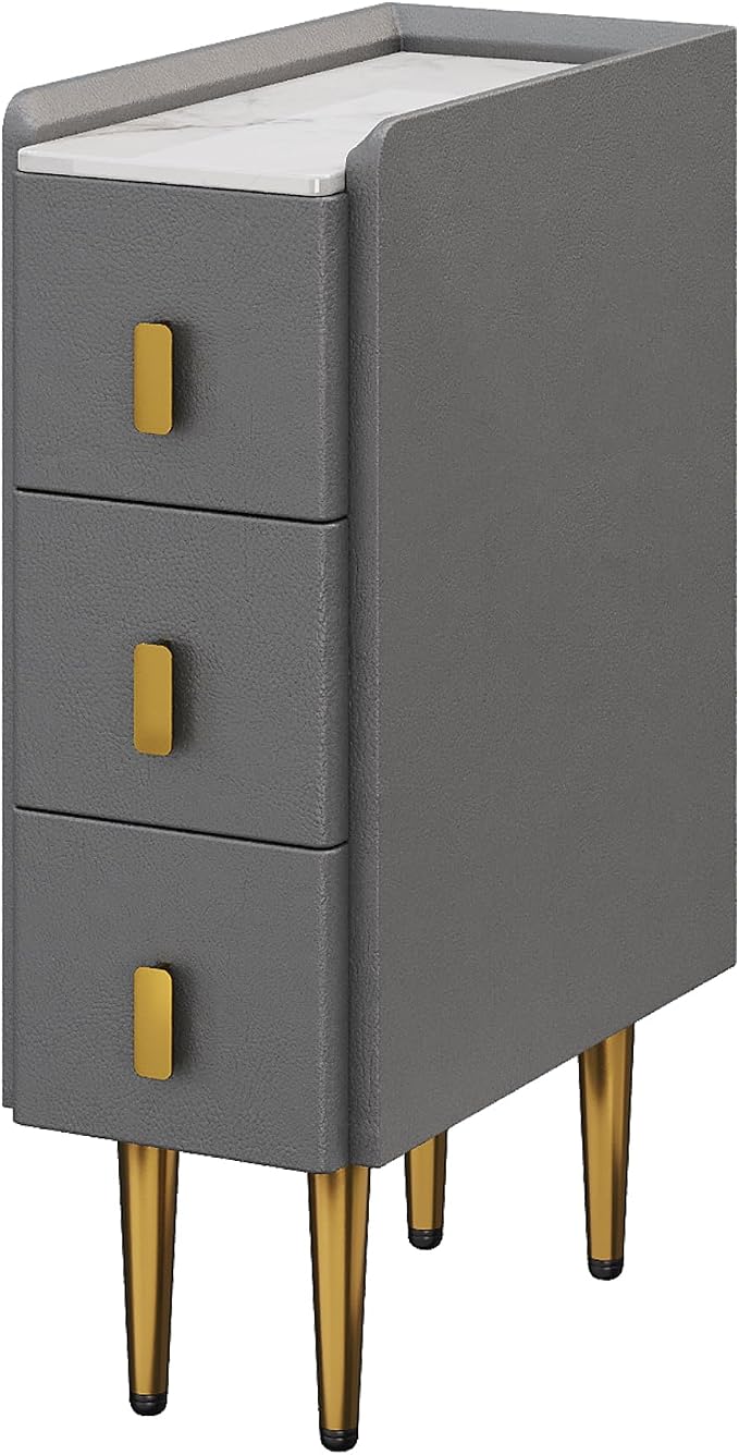 STARSAGA Narrow Nightstand with Drawers, 7.9" Narrow Bedside Table for Bedroom, Solid Wood Narrow Night Stand with Sintered Stone Top & Leather Surface, Slim Nightstand for Small Spaces, Gray - Image 8