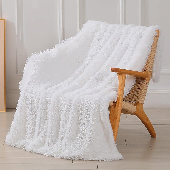 Tuddrom Decorative Extra Soft Faux Fur Throw Blanket 50" x 60",Solid Reversible Fuzzy Long Hair Shaggy Blanket,Fluffy Cozy Plush Fleece Comfy Microfiber Fur Blanket for Couch Sofa Bed,Pure White