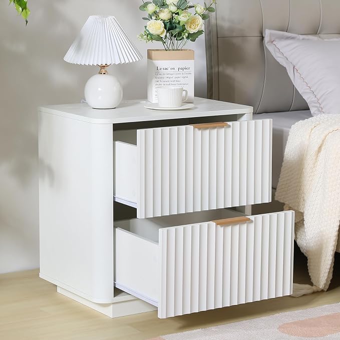 Fluted Nightstand with Charging Station, 23" Night Stands with 2 Drawers, Wood End Table with Storage, White Bedside Table for Bedroom - Image 7