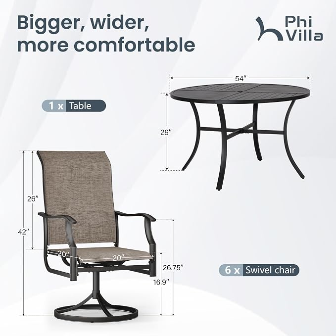 PHI VILLA 7 Piece Outdoor Patio Dining Set with 6 Padded High Back Patio Swivel Chairs & 1 Large 54" Round Dining Table, All Weather Patio Table and Chairs for Lawn Deck Garden - Image 9