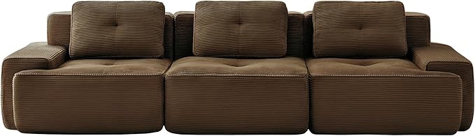 Casaphoria 115'' Brown Corduroy Sofa, Boneless Sectional Couch with 3 Pillows for Modern Living Room, Deep Seat Sofa No Assembly Modular Cloud Couch