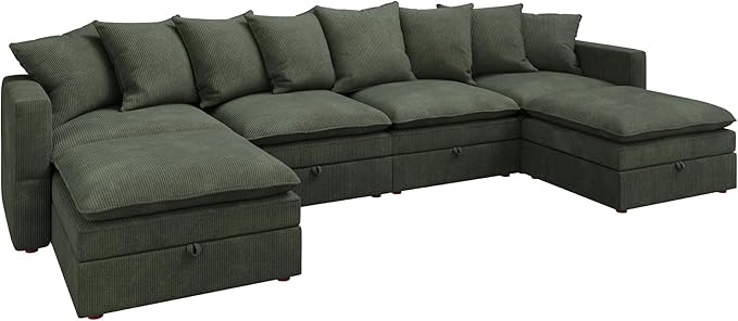 HONBAY Modular Sectional Sofa, 137 Inch U Shaped Corduroy Couch with Storage, Convertible Sectional Sofa with Deep Seat, Green