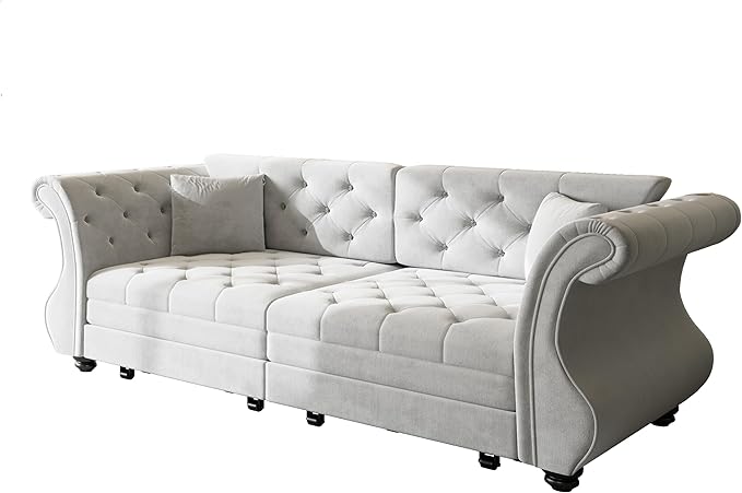 Eafurn Oversized 3-Seater Chesterfield Loveseat Convertible Queen Size Sleeper Couch Bed,Classic Tufted Velvet Pull Out Loveseat Sofa Bed with Roll Armrest and Solid Wood Legs