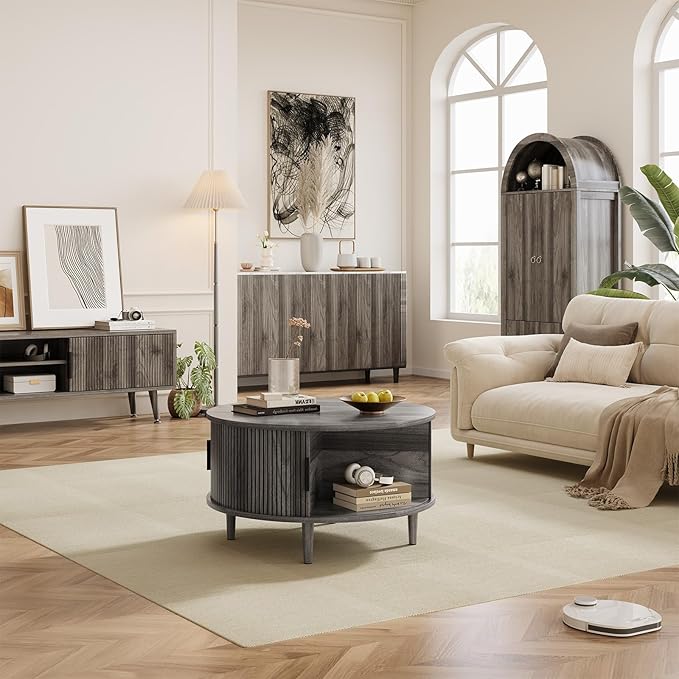Round Coffee Table with Storage, Mid Century Modern Coffee Table, Fluted Dining Table with Sliding Door, Circle Coffee Table for Living Room Home Office, 31.5", Gray