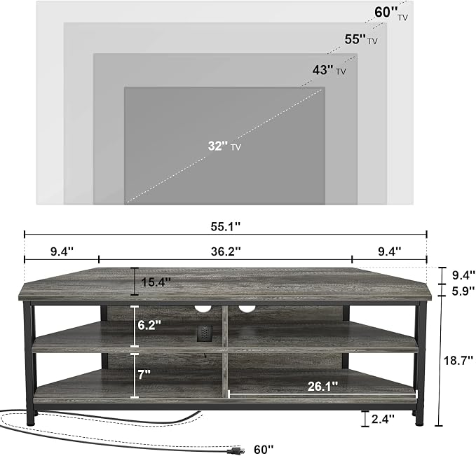 Unikito Corner TV Stand with Power Outlet, Corner Entertainment Center Media TV Console Table with 4 Open Storage Cabinet Shelve Wood TV Stand for Living Room for 55 inch TV, Gray Oak - Image 6