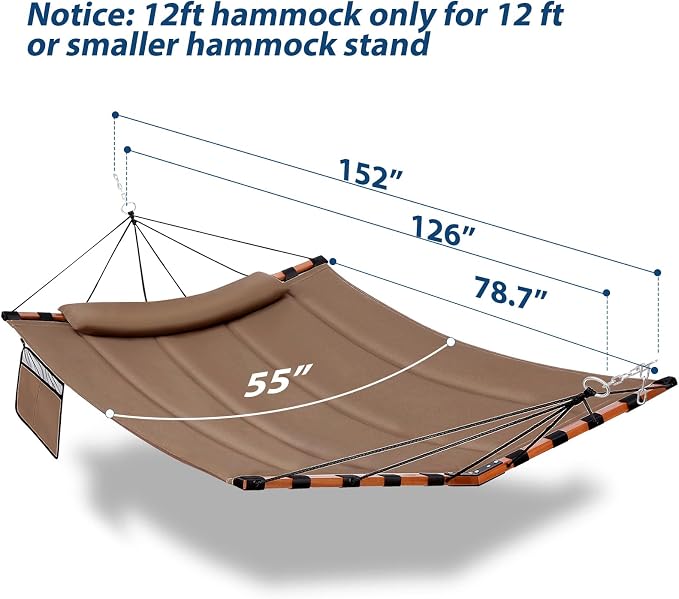 TegerDeger 12FT 2 Person Hammock Large Hammock 450LB Capacity with V Shaped Hardwood Spreader Bar & Nylon Rope for Outside, Patio, Garden, Backyard, Beach, Poolside - Brown - Image 6