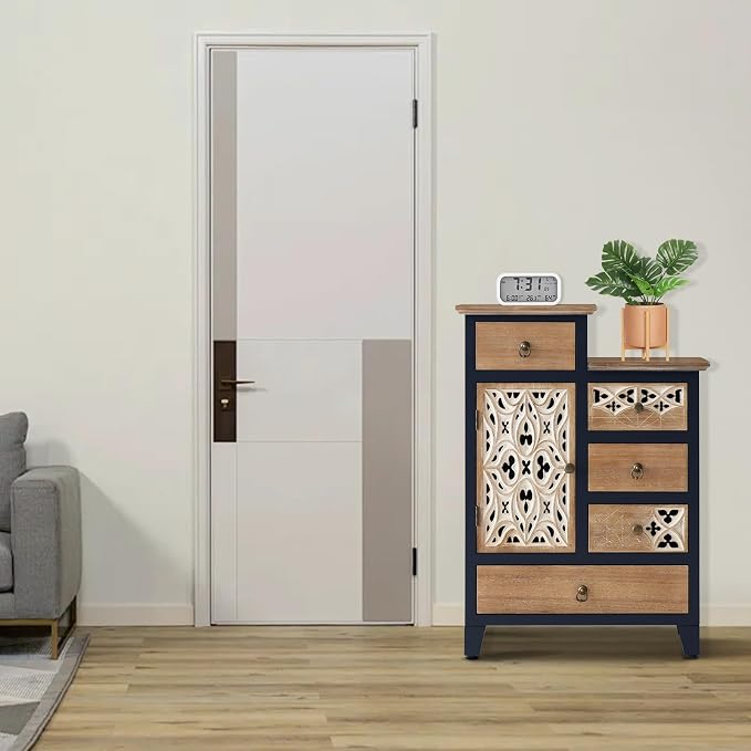 Ahokua Farmhouse Accent Chest with Carved Door and 5-Drawers, Vintage Storage Cabinet Modern Dresser for Living Room, Entryway, Hallway, Multi-Drawer Organizer, Natural and Deep Blue - Image 9