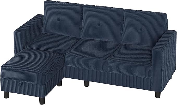 Shintenchi 76" Modern Upholstered Sectional Sofa, L-Shaped Couch with Storage Ottoman and Reversible Chaise for Living Room, Blue Corduroy Fabric