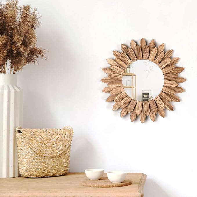 Honiway Wall Mirror Decorative 12 inch Rustic Wood Mirror Sunburst Boho Mirror for Entryway Bedroom Living Room Bathroom House Warming Gifts New Home Essential Carbonized Black - Image 7