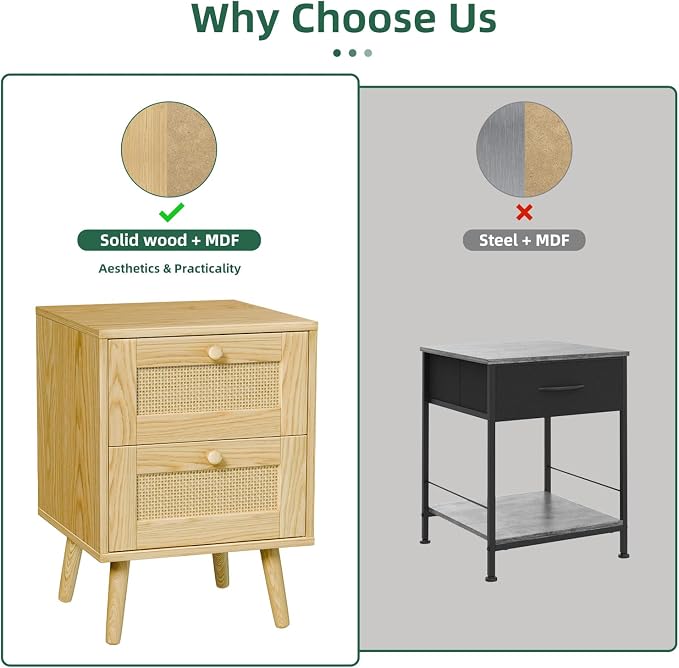 Rattan Nightstand, End Table, Dresser for Bedroom, Side Table with 2 Hand Made Rattan Decorated Drawers, Wood Night Stand Beside Table with Storage for Bedroom, Dorm, Natural, 1 Pack - Image 7