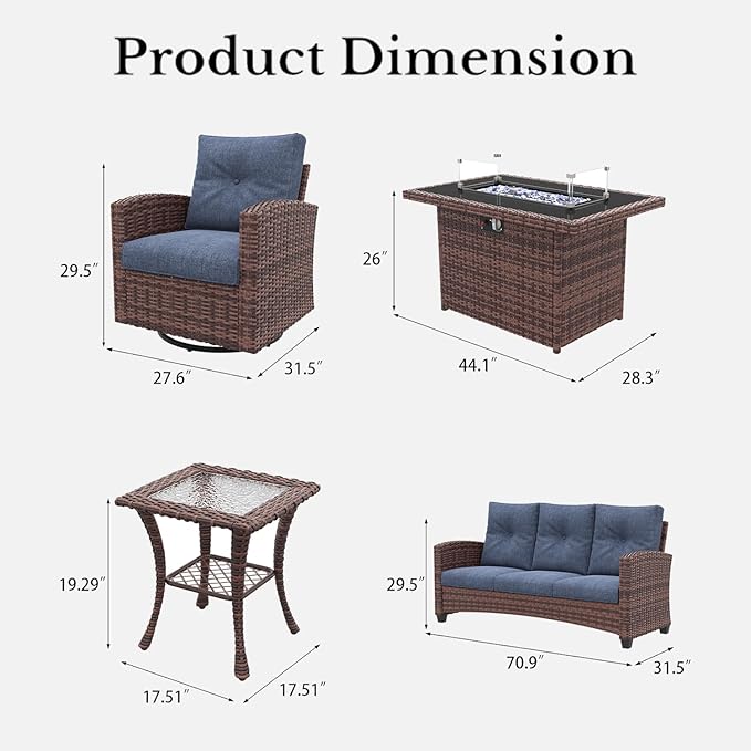 LayinSun 5 Pieces Patio Furniture Set with Swivel Chairs, Rattan Wicker Rocking Glide Chairs with 44" Propane Gas Fire Pit Table Conversation Set