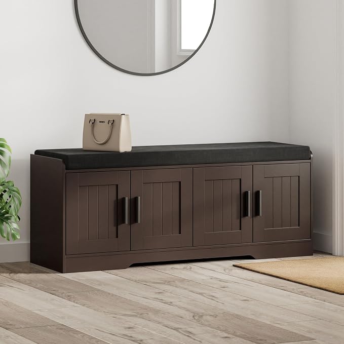 Homleke 2-Tier Storage Bench, Shoe Bench with Thickened Padded Seat Cushion, Entryway Bench with 4 Doors, Adjustable Shelf, 13.8" D x 45.3" W x 18.5" H, for Entryway, Living Room, Bedroom, Brown - Image 9
