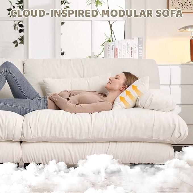 133.8" L-Shaped Cloud Couch, Oversized Modular Sectional Sofa, Deep Seat Cloud Boneless Couch, 3-Seat Modular Sectional Sofa with Ottoman or Living Room,Bedroom and Apartment, White