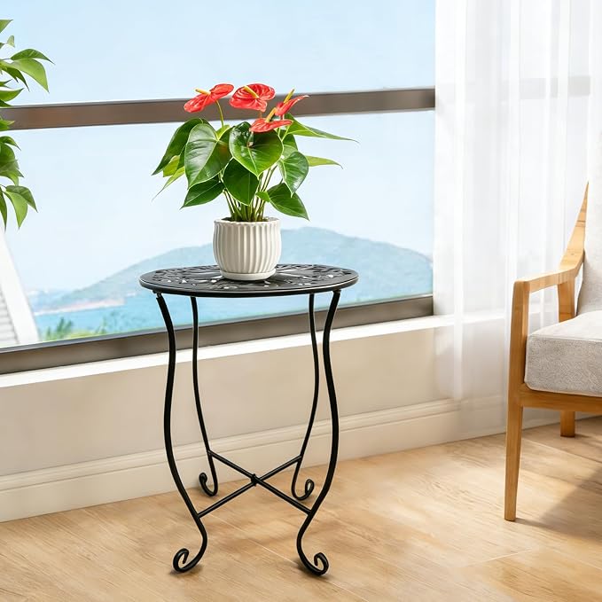 Arbuxzuy 17" Tall Round Metal Outdoor Side Tables for Patio, Decorative Black Flower Pot Stand, Rustproof Potted Holder, 120 lbs Load Capacity - Image 8