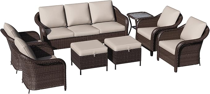 8 Piece Patio Wicker Conversation Set, All-Weather Use Outdoor Wicker Sofa with 2 PE Rattan Ottomans,4 Chair, 1 Side Table, Ideal for Porch, Backyard, Balcony, Poolside, Beige