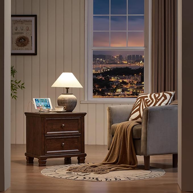 SAVOR LIFE Farmhouse Nightstand with Charging Station, Rustic Low Night Stand with 2 Drawers, Mid-Century Modern End Table with 4 Square Solid Wood Legs, Small Dresser for Bedroom, Home, Walnut - Image 8