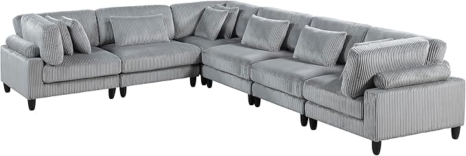 Lexicon 120 Inch Modular Sectional Sofa - Oversized 6 Seater Corduroy L Shaped Sectional Couch, 9 Accent Pillows, and Flexible Arrangement for Modern Living Rooms, Gray