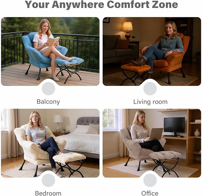 Tiita Lazy Chair with Ottoman, Purple Modern Large Accent Chair, Comfy Leisure Sofa Armchair with Ottoman, Reading Chair with Footrest for Bedroom, Living Room, Dorm Rooms, Plush Purple