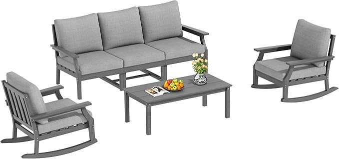 HDPE Patio Conversation Set, 6-Piece All Weather Outdoor Furniture Set with 2 Single Rocking Armchairs for Deck, Lawn, with Cushion, Gray