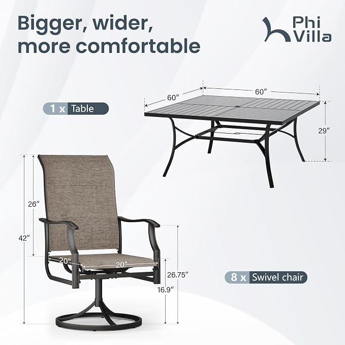 PHI VILLA 9 Pcs Patio Dining Set with Large Square Metal Dining Table & 8 High Back Padded Outdoor Swivel Dining Chairs, Outside Table Chair Furniture Dining Set for 8 Person - Image 9