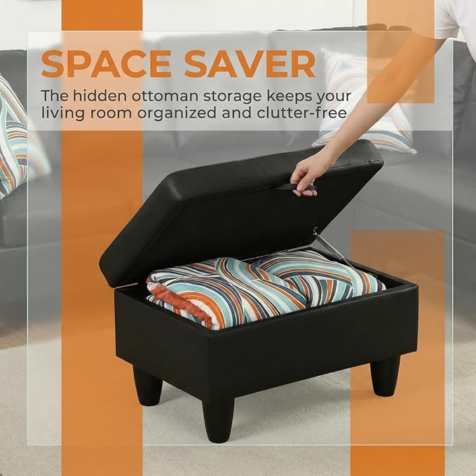 L-Shape Sofa with Storage Ottoman, 3-Piece Faux Leather Sectional Sofa Set, Modern Living Room Couch with Chaise Lounge, Tufted Upholstered Sofa Set for Apartment Living Room, Black