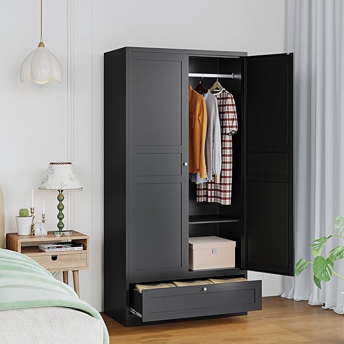 Metal Wardrobe Closet Cabinet,Armoire Wardrobe Closets Storage Cabinets with Drawer,Metal Storage Cabinet with Doors and Shelves for Laundry Room,Bedroom,Home Office,Bathroom(Black)