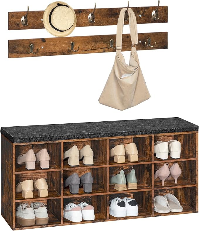 HOOBRO Shoe Storage Bench with Cushion, 39.4" L Entryway Bench with 12 Cubbies, Entryway Hall Tree with Storage, Shoe Cabinet with Coat Rack for Bedroom, Hallway, Holds up to 330 lb, BF112HX01G1 - Image 9