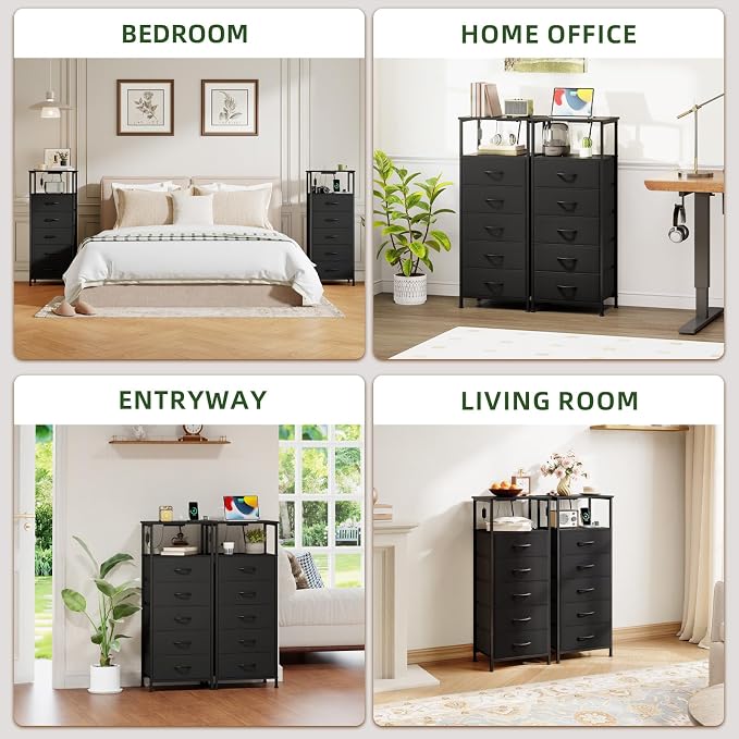 Somdot Black Nightstand with Charging Station and LED Light for Bedroom, Tall 5 Drawers Dresser with Fabric Bins for Bedside Kids Dorm Room Closet Laundry Entryway, Black - Image 8