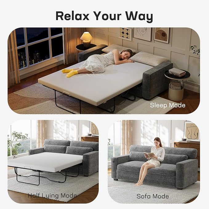 Marsail Pull Out Sofa Bed, Queen Size Sleeper Sofa with Memory Foam Mattress, 2 USB Charging Ports & Removable Covers, Chenille Loveseat Couch for Living Room, Apartment, Light Grey