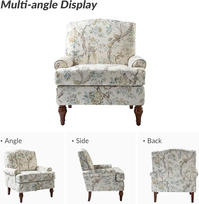 HULALA HOME Accent Chair with Solid Legs & Removable Cushion, Farmhouse Floral Comfy Upholstered Armchair, Leisure Single Sofa Chair for Living Room Bedroom
