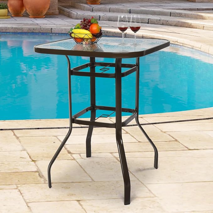 VINGLI Outdoor Bar Table with Umbrella Hole, Metal Patio Bar Height Pub Table for Patio High Top (Brown) - Image 7