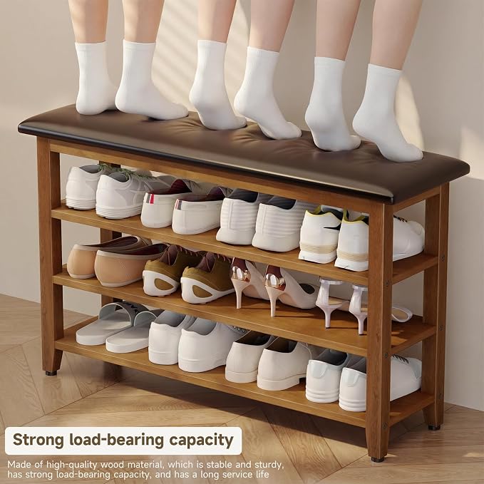 Shoe Bench with Leather Cushion,Wood Bench with Shoe Rack,3-Tier Shoe Storage Organizer for Entryway,Hallway,Living Room (Brown, 3-Tier-39.4") - Image 9