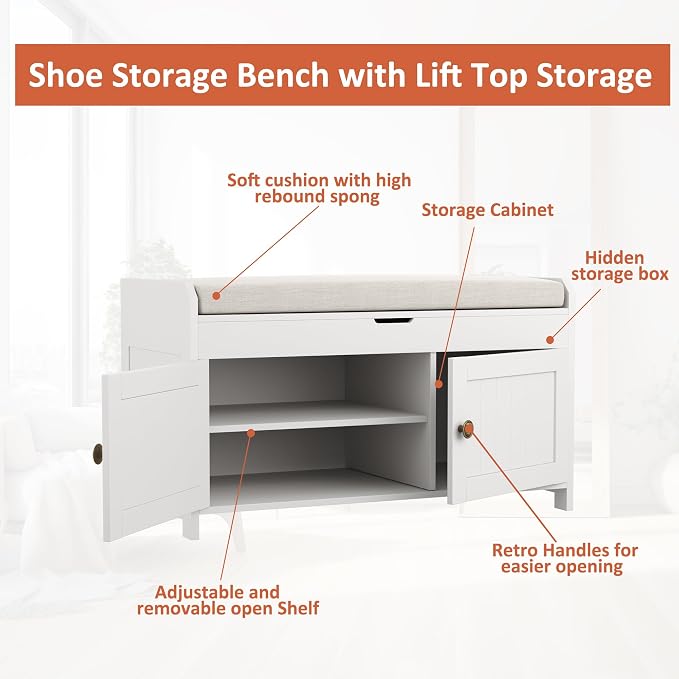 HOMEFORT 30" Shoe Bench with Lift Top Storage, Entryway Bench with Cushioned Seat, Wooden End of Bed Bench, Shoe Cabinet Bench with Hidden Storage Space, for Bedroom, Hallway,White - Image 9