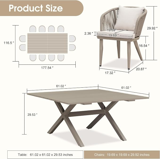 PURPLE LEAF 14 Pieces Patio Dining Set Wicker Outdoor Furniture Oversize Rectangular Table and Chairs Set for Garden Deck Aluminum Frame Backyard Kitchen Set, Cushions and Pillows Included Champagne - Image 8