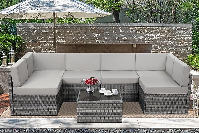 U-MAX 7 Piece Outdoor Patio Furniture Set, PE Rattan Outdoor Wicker Sectional Furniture Chair Set with Cushions and Tea Table, Grey Rattan and Grey Cushion