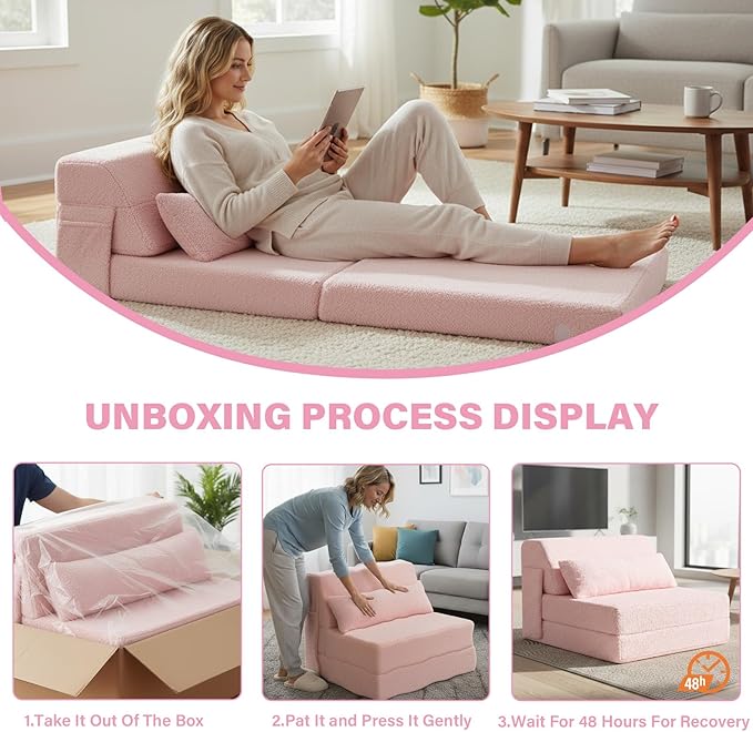 Tiita Convertible Folding Sofa Bed Single Size for Adults with Pillow, Plush Fabric Floor Mattress Couch Bed, Washable Cover & Side Pocket, Guest Room, Dorm, Apartment, Living Room, Pink