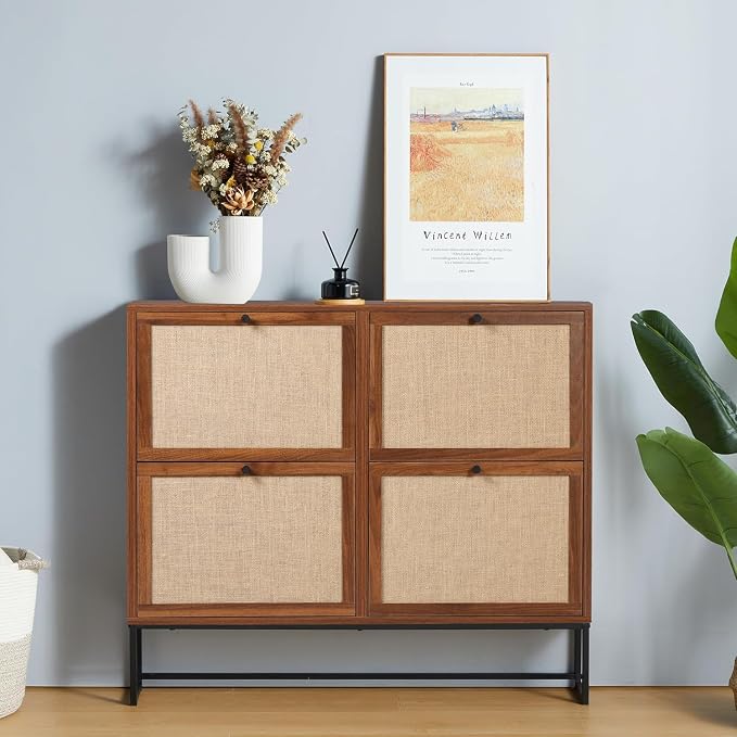 AVZEAR Narrow Shoe Storage Cabinet for Entryway with Natural Linen Panel, Freestanding Slim Shoe Cabinet with 4 Flip Drawers, Wood Shoe Organizer Closed Shoe Rack for Hallway, Living Room(Walnut) - Image 7