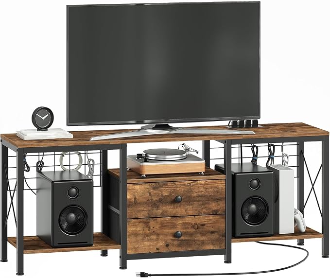 YATINEY TV Stand with Power Outlet Up to 60 Inch, Entertainment Center with 2 Fabric Drawers, TV Console Table with Open Storage Shelves for TVs, Cable Management, for Living Room, Bedroom, DS14UBRY1 - Image 8