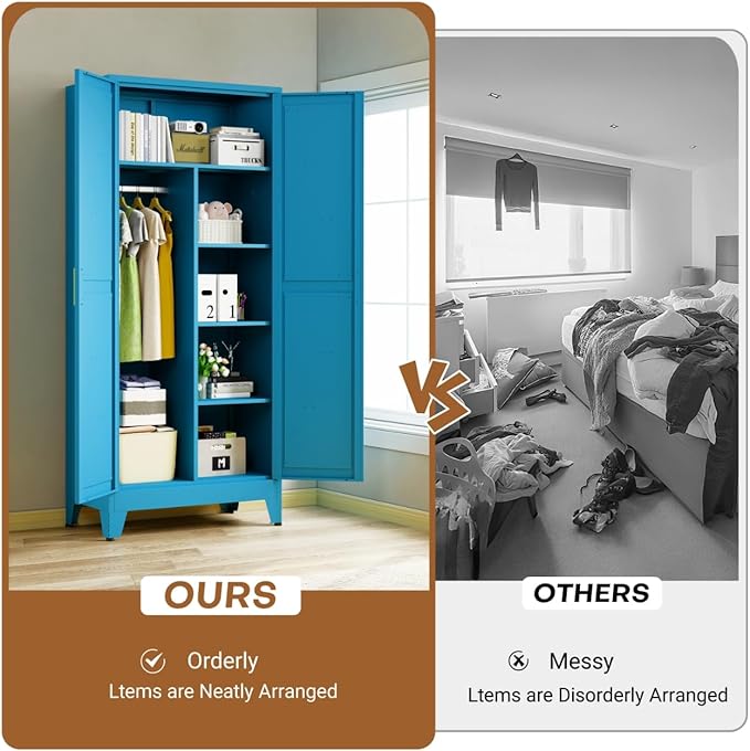 71" Armoire Wardrobe Closet with Hanging Rod & Adjustable Shelves, 2 Doors Blue Armoire Wardrobe Closet, Metal Clothing Storage Wardrobe Cabinet for Bedroom, Laundry Room, Office