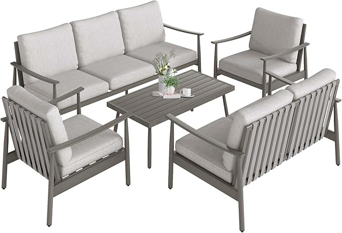 HAPPATIO Outdoor Furniture Set - 5 Piece Aluminum Patio Conversation Set with 1 Coffee Table, 2 Armchairs, Loveseat and 3-Seat Sofa, Aluminum Patio Furniture Set for Backyard Deck Poolside (Grey)