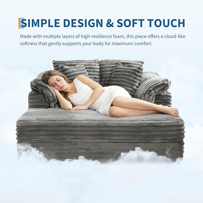 Oversized Chaise Lounge Chair59 * 54 Inch Indoor Comfy Corduroy Cloud Sleeper Couch Upholstered Sofa Bed with USB Port Throw Pillows Supportive Armrests for Living Room
