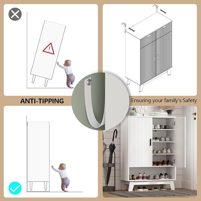 Shoe Cabinet Storage for Entryway with Doors, 5 Tier Fluted Shoe Organizer with Adjustable Shelves, Entryway Shoe Storage with Wooden Legs, Freestanding Hidden Shoe Rack for Front Door Entrance, White - Image 6