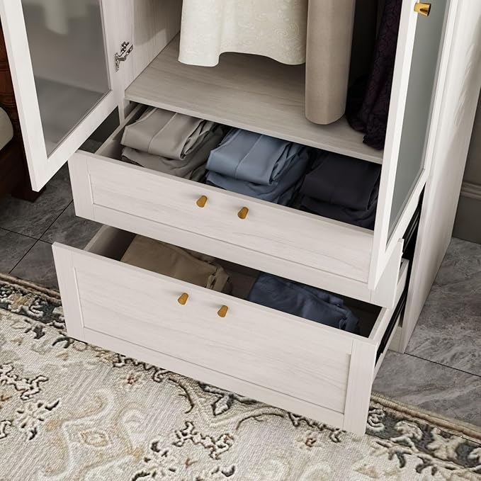 2 Door Wardrobe Armoire Closet with Hanging Rod & 2 Drawers, Bedroom Armoire with Frosted Glass Doors, Top Cabinet & Gold Knobs, Wood Grain, 19.9”D x 31.5”W x 86.6”H